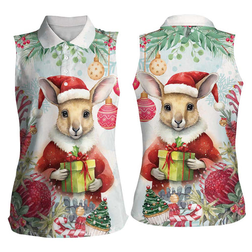 Australia Christmas Women Sleeveless Polo Shirt Kangaroo Santa With Aussie Flower - Watercolor