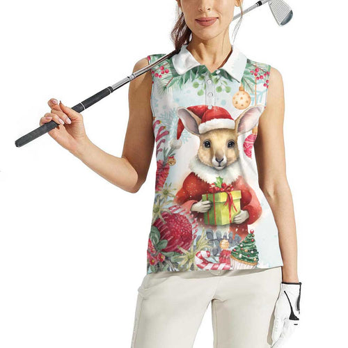 Australia Christmas Women Sleeveless Polo Shirt Kangaroo Santa With Aussie Flower - Watercolor