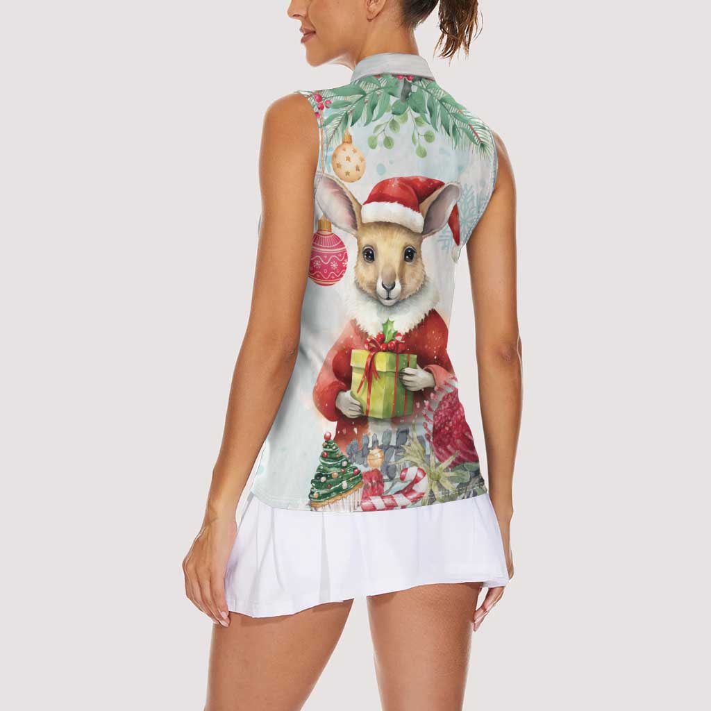 Australia Christmas Women Sleeveless Polo Shirt Kangaroo Santa With Aussie Flower - Watercolor