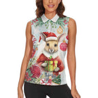 Australia Christmas Women Sleeveless Polo Shirt Kangaroo Santa With Aussie Flower - Watercolor