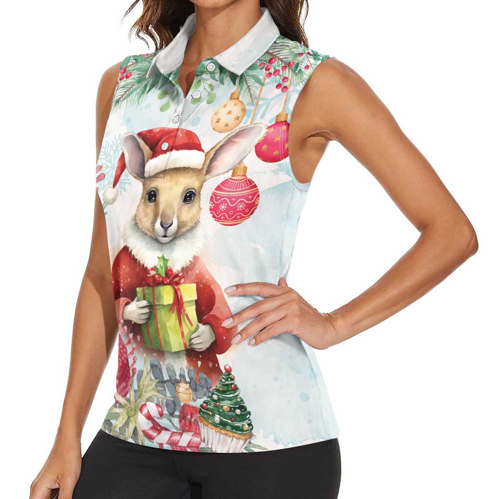 Australia Christmas Women Sleeveless Polo Shirt Kangaroo Santa With Aussie Flower - Watercolor