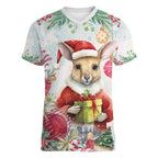 Australia Christmas Women V-Neck T-Shirt Kangaroo Santa With Aussie Flower - Watercolor