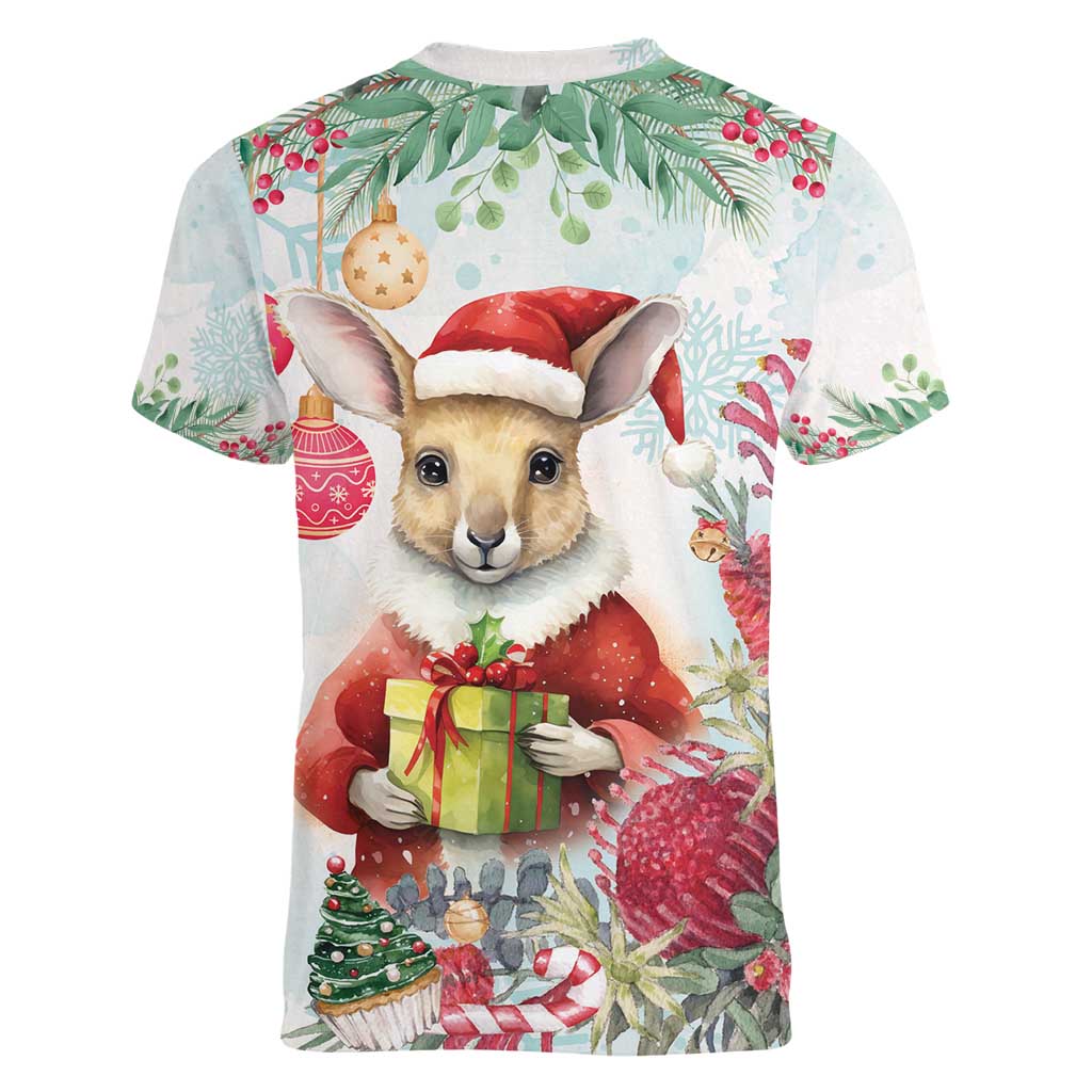 Australia Christmas Women V-Neck T-Shirt Kangaroo Santa With Aussie Flower - Watercolor