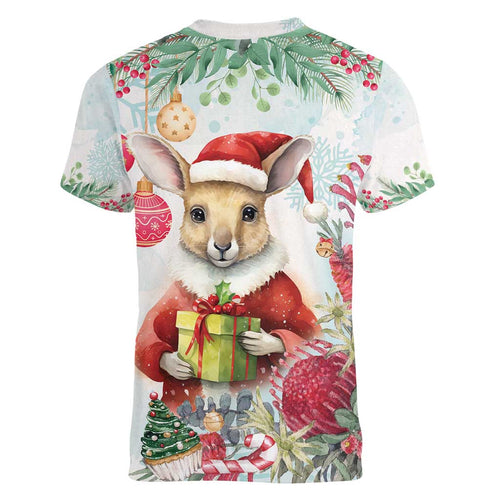Australia Christmas Women V-Neck T-Shirt Kangaroo Santa With Aussie Flower - Watercolor