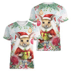 Australia Christmas Women V-Neck T-Shirt Kangaroo Santa With Aussie Flower - Watercolor