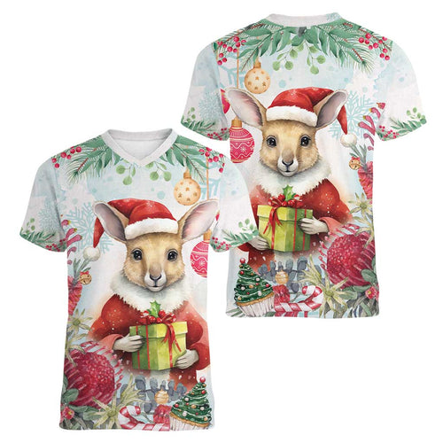 Australia Christmas Women V-Neck T-Shirt Kangaroo Santa With Aussie Flower - Watercolor