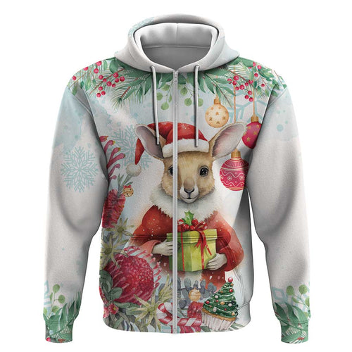 Australia Christmas Zip Hoodie Kangaroo Santa With Aussie Flower - Watercolor