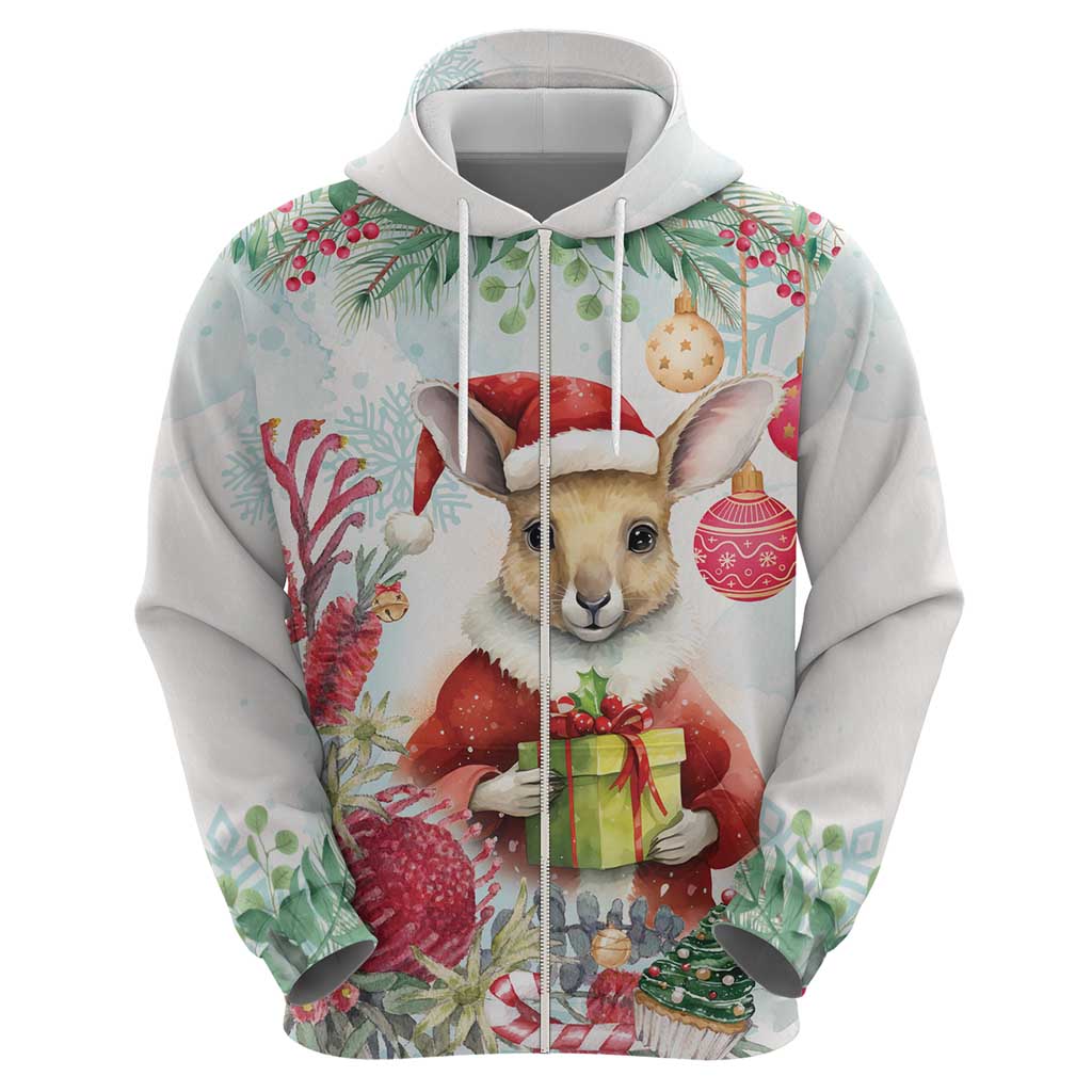 Australia Christmas Zip Hoodie Kangaroo Santa With Aussie Flower - Watercolor