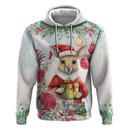Australia Christmas Zip Hoodie Kangaroo Santa With Aussie Flower - Watercolor