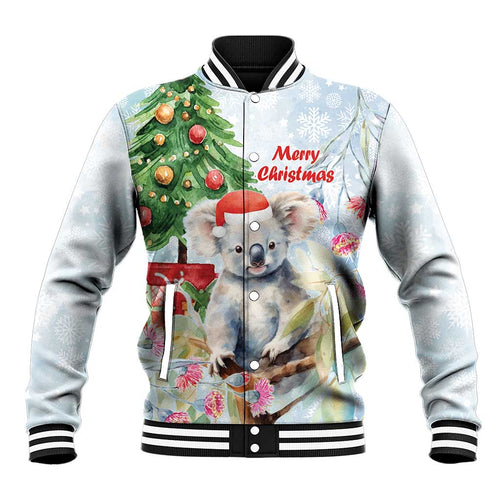 Australia Christmas Baseball Jacket Koala Santa With Eucalyptus - Watercolor