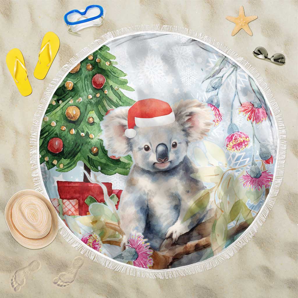Australia Christmas Beach Blanket Koala Santa With Eucalyptus - Watercolor