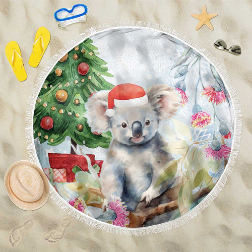 Australia Christmas Beach Blanket Koala Santa With Eucalyptus - Watercolor