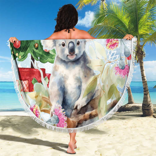 Australia Christmas Beach Blanket Koala Santa With Eucalyptus - Watercolor