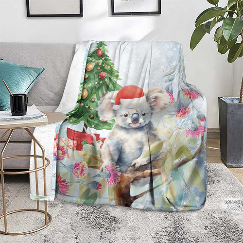 Australia Christmas Blanket Koala Santa With Eucalyptus - Watercolor