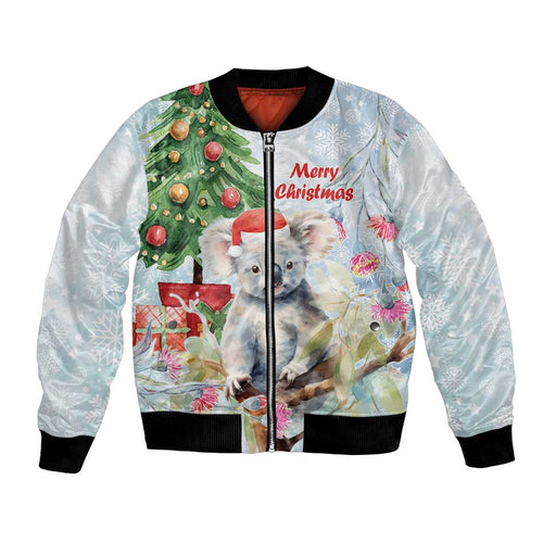 Australia Christmas Bomber Jacket Koala Santa With Eucalyptus - Watercolor