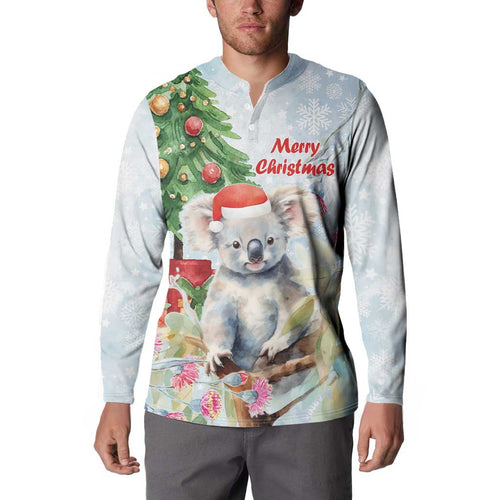 Australia Christmas Button Sweatshirt Koala Santa With Eucalyptus - Watercolor