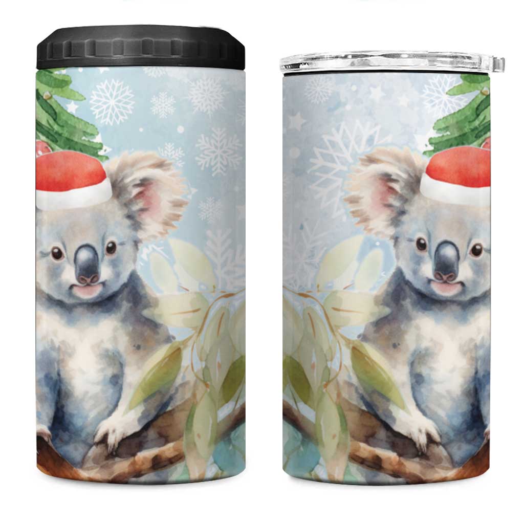 Australia Christmas 4 in 1 Can Cooler Tumbler Koala Santa With Eucalyptus - Watercolor