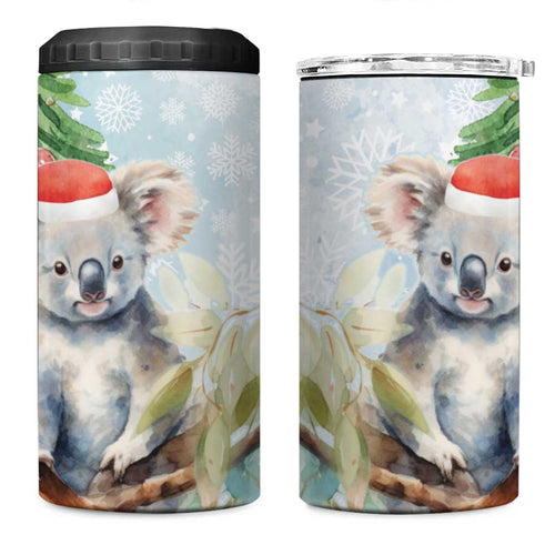 Australia Christmas 4 in 1 Can Cooler Tumbler Koala Santa With Eucalyptus - Watercolor