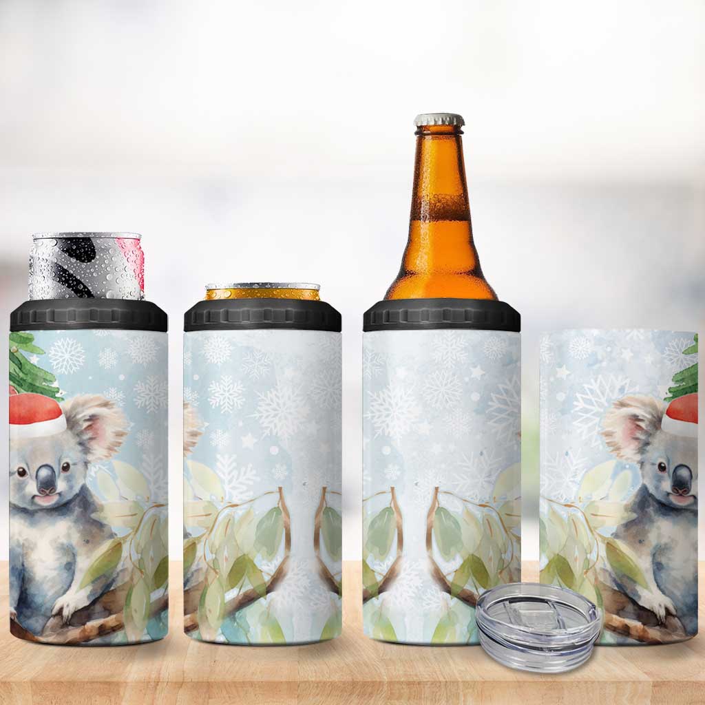 Australia Christmas 4 in 1 Can Cooler Tumbler Koala Santa With Eucalyptus - Watercolor