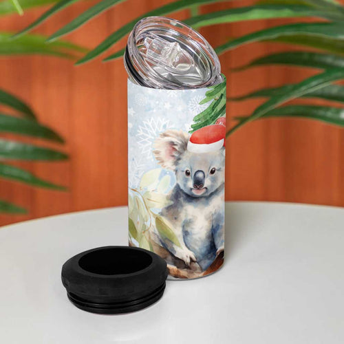 Australia Christmas 4 in 1 Can Cooler Tumbler Koala Santa With Eucalyptus - Watercolor