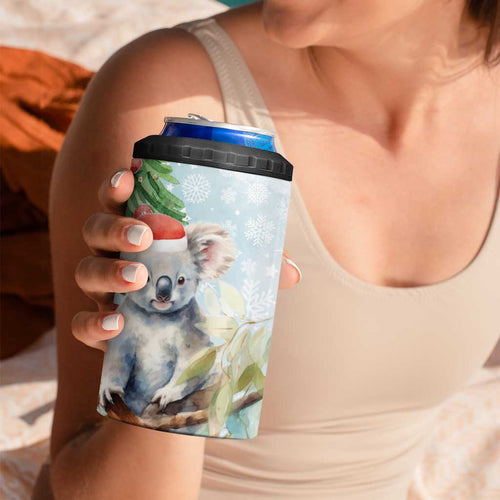 Australia Christmas 4 in 1 Can Cooler Tumbler Koala Santa With Eucalyptus - Watercolor