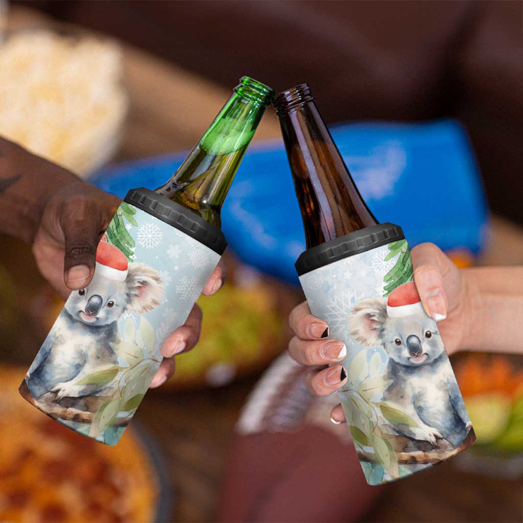 Australia Christmas 4 in 1 Can Cooler Tumbler Koala Santa With Eucalyptus - Watercolor