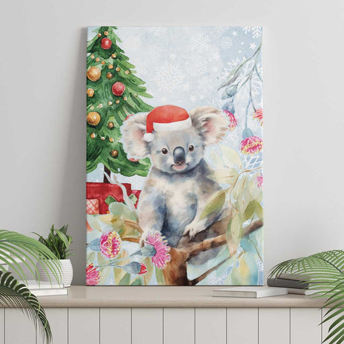 Australia Christmas Canvas Wall Art Koala Santa With Eucalyptus - Watercolor