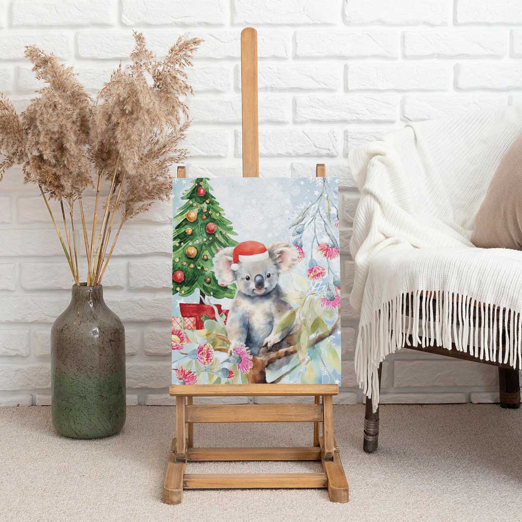 Australia Christmas Canvas Wall Art Koala Santa With Eucalyptus - Watercolor