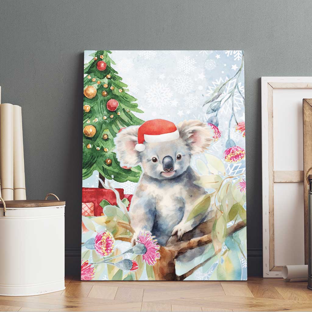 Australia Christmas Canvas Wall Art Koala Santa With Eucalyptus - Watercolor