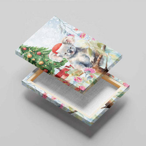 Australia Christmas Canvas Wall Art Koala Santa With Eucalyptus - Watercolor