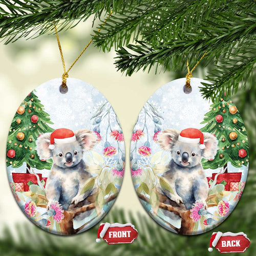 Australia Christmas Ceramic Ornament Koala Santa With Eucalyptus - Watercolor