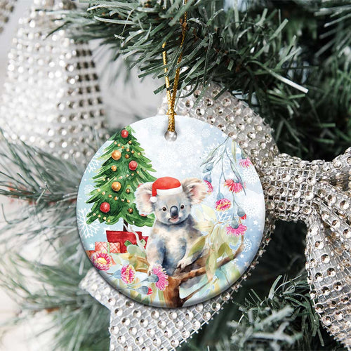 Australia Christmas Ceramic Ornament Koala Santa With Eucalyptus - Watercolor