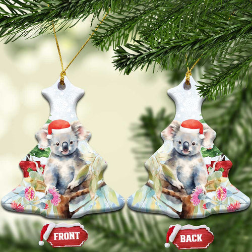 Australia Christmas Ceramic Ornament Koala Santa With Eucalyptus - Watercolor