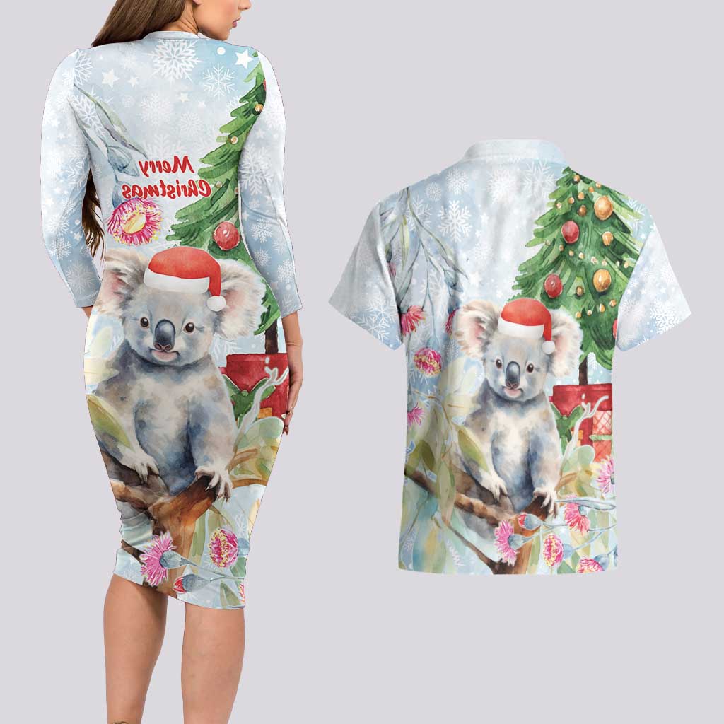 Australia Christmas Couples Matching Long Sleeve Bodycon Dress and Hawaiian Shirt Koala Santa With Eucalyptus - Watercolor