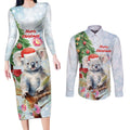 Australia Christmas Couples Matching Long Sleeve Bodycon Dress and Long Sleeve Button Shirt Koala Santa With Eucalyptus - Watercolor