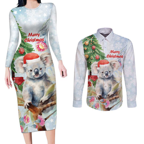 Australia Christmas Couples Matching Long Sleeve Bodycon Dress and Long Sleeve Button Shirt Koala Santa With Eucalyptus - Watercolor