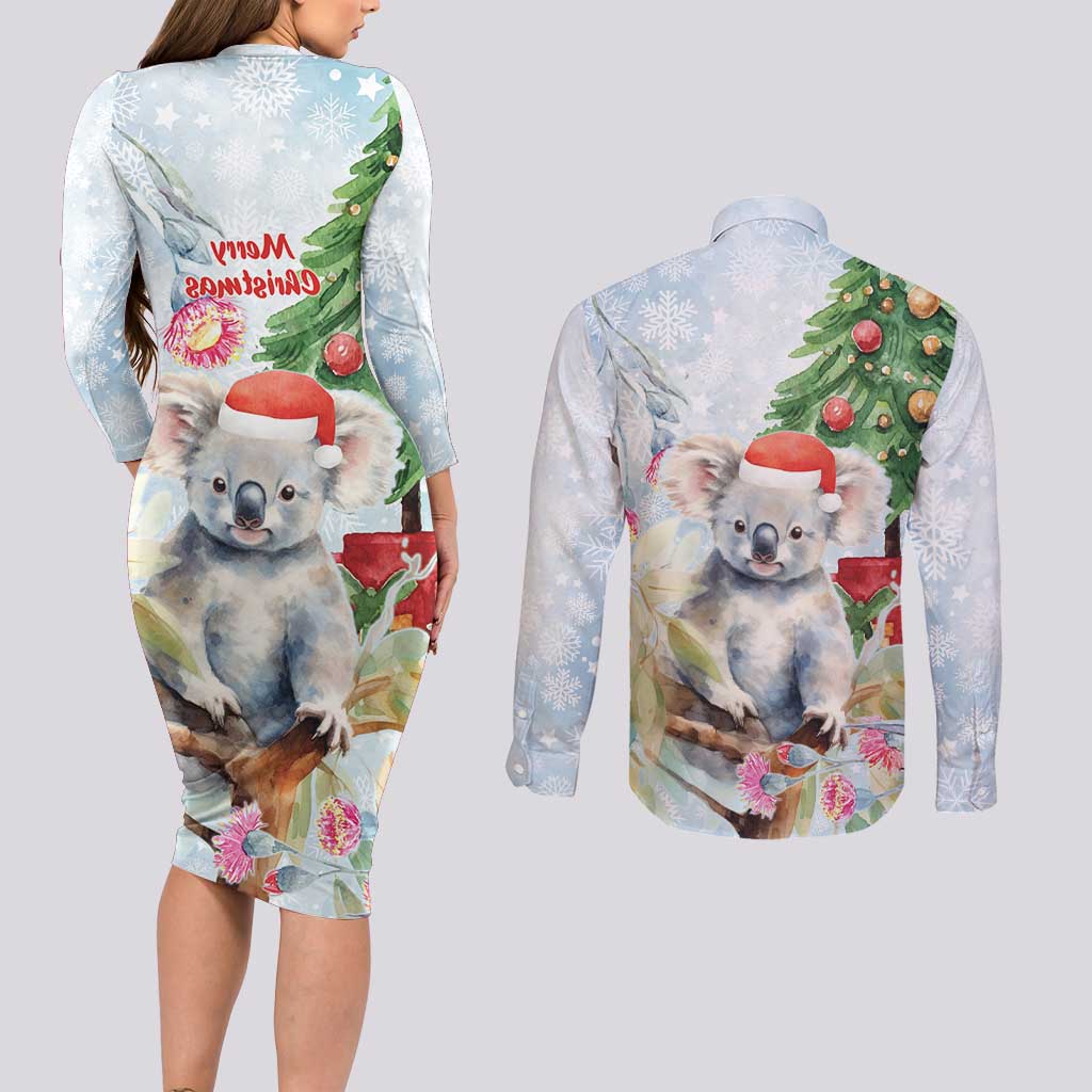 Australia Christmas Couples Matching Long Sleeve Bodycon Dress and Long Sleeve Button Shirt Koala Santa With Eucalyptus - Watercolor