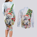 Australia Christmas Couples Matching Long Sleeve Bodycon Dress and Long Sleeve Button Shirt Koala Santa With Eucalyptus - Watercolor