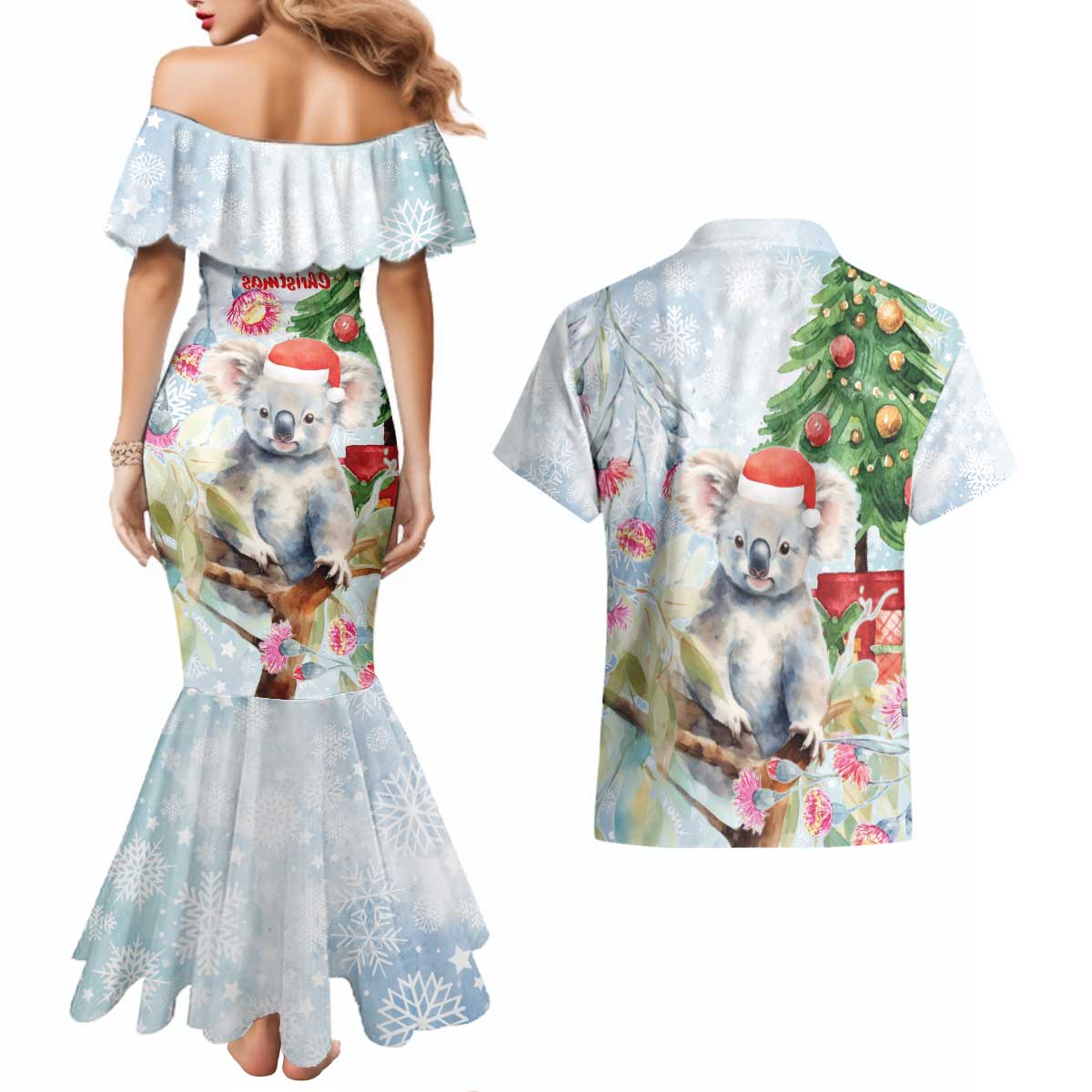 Australia Christmas Couples Matching Mermaid Dress and Hawaiian Shirt Koala Santa With Eucalyptus - Watercolor