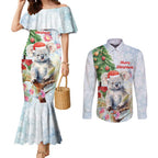 Australia Christmas Couples Matching Mermaid Dress and Long Sleeve Button Shirt Koala Santa With Eucalyptus - Watercolor
