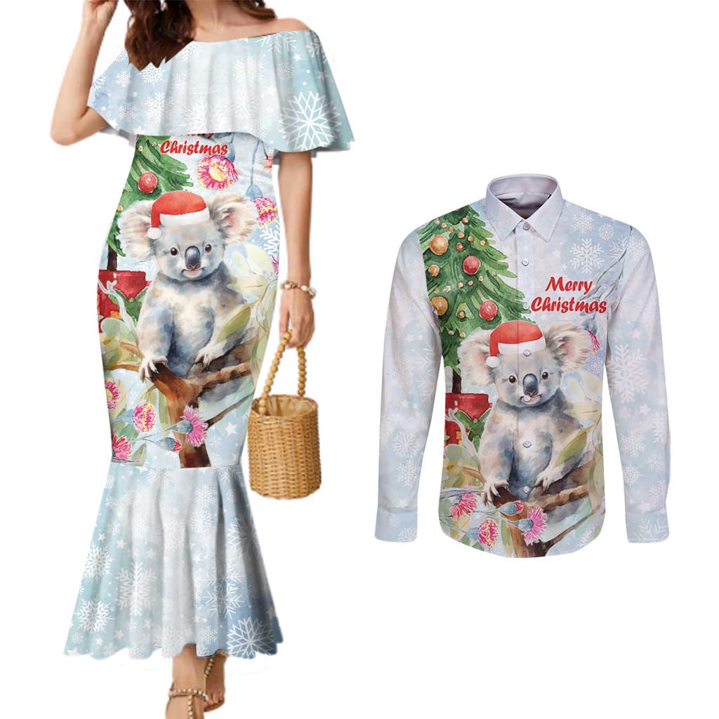Australia Christmas Couples Matching Mermaid Dress and Long Sleeve Button Shirt Koala Santa With Eucalyptus - Watercolor