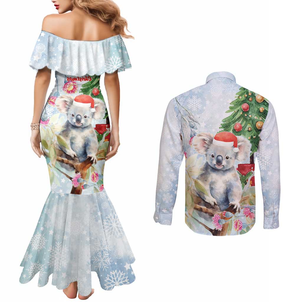 Australia Christmas Couples Matching Mermaid Dress and Long Sleeve Button Shirt Koala Santa With Eucalyptus - Watercolor