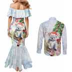 Australia Christmas Couples Matching Mermaid Dress and Long Sleeve Button Shirt Koala Santa With Eucalyptus - Watercolor