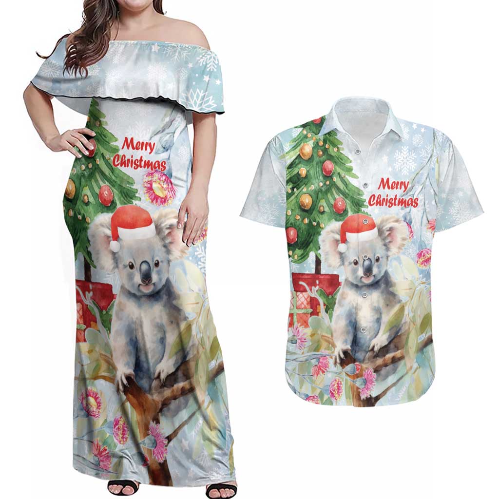 Australia Christmas Couples Matching Off Shoulder Maxi Dress and Hawaiian Shirt Koala Santa With Eucalyptus - Watercolor