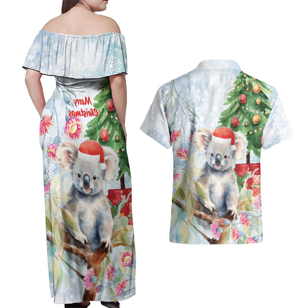 Australia Christmas Couples Matching Off Shoulder Maxi Dress and Hawaiian Shirt Koala Santa With Eucalyptus - Watercolor