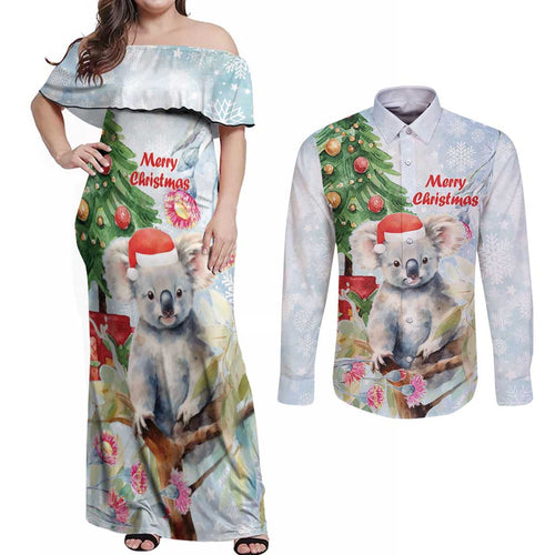 Australia Christmas Couples Matching Off Shoulder Maxi Dress and Long Sleeve Button Shirt Koala Santa With Eucalyptus - Watercolor