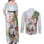 Australia Christmas Couples Matching Off Shoulder Maxi Dress and Long Sleeve Button Shirt Koala Santa With Eucalyptus - Watercolor
