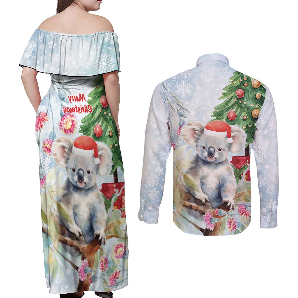Australia Christmas Couples Matching Off Shoulder Maxi Dress and Long Sleeve Button Shirt Koala Santa With Eucalyptus - Watercolor