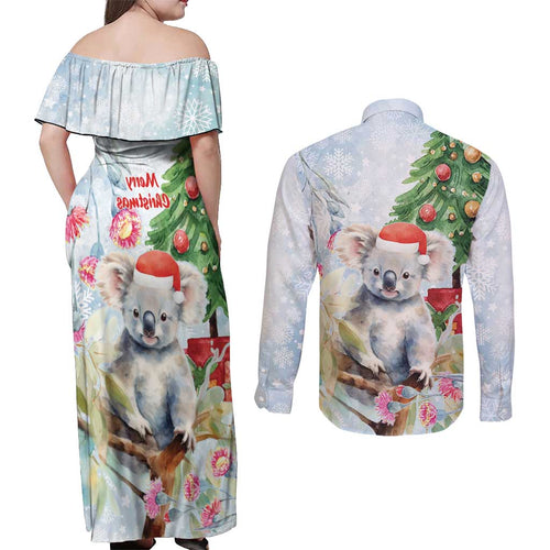 Australia Christmas Couples Matching Off Shoulder Maxi Dress and Long Sleeve Button Shirt Koala Santa With Eucalyptus - Watercolor