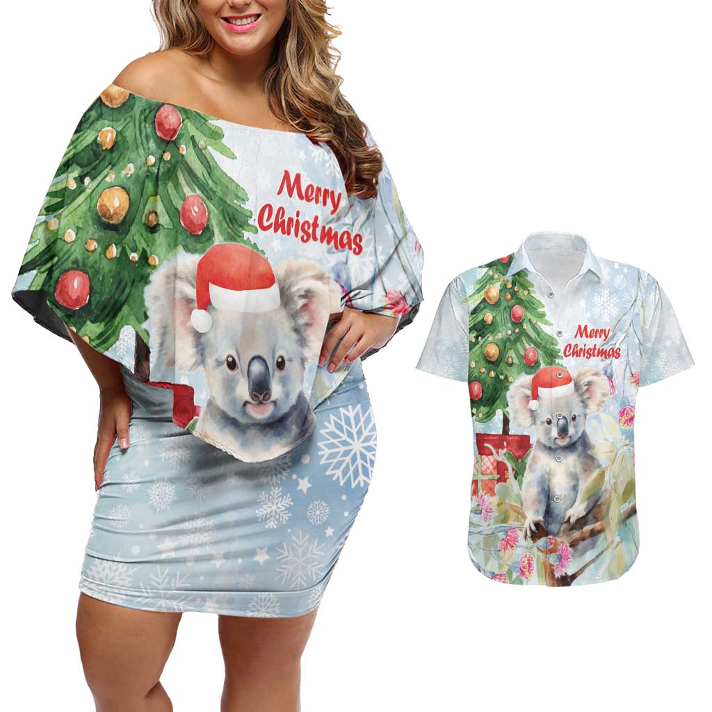 Australia Christmas Couples Matching Off Shoulder Short Dress and Hawaiian Shirt Koala Santa With Eucalyptus - Watercolor